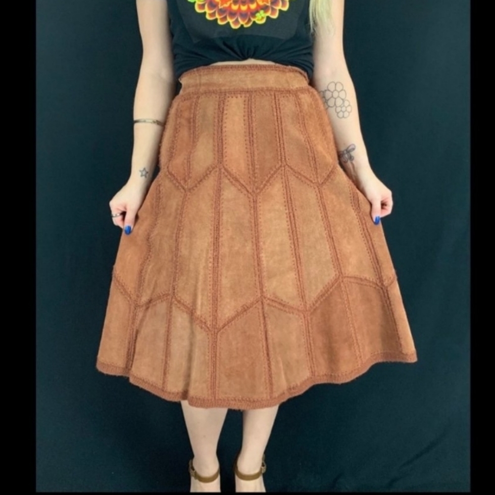 70s vintage patch work leather suede skirt